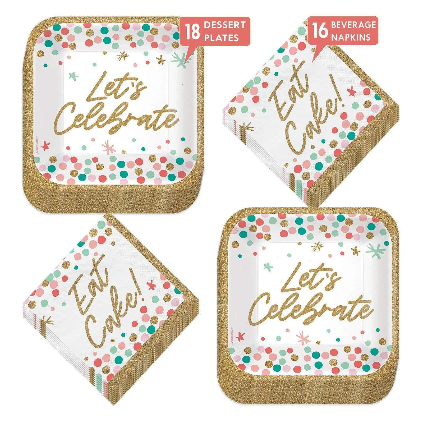 Let's Celebrate Confetti Gold Trim Square Paper Dessert Plates and Let's Eat Cake Beverage Napkins (Serves 16)