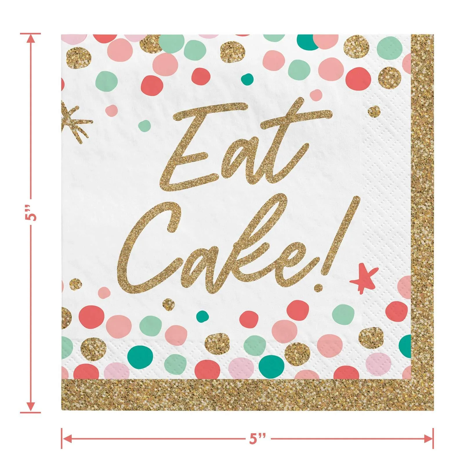 Let's Celebrate Confetti Gold Trim Square Paper Dessert Plates and Let's Eat Cake Beverage Napkins (Serves 16)