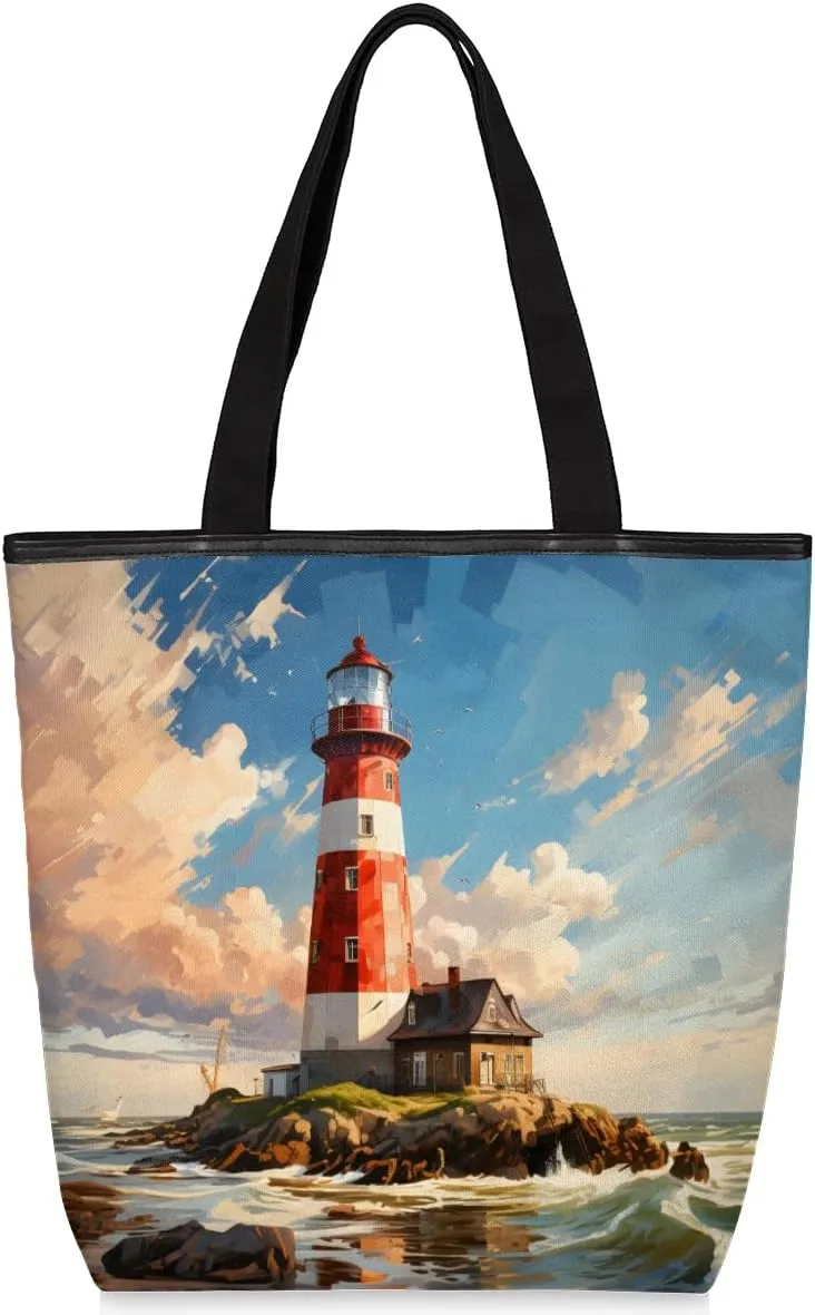 Lighthouses Oceans Canvas Tote Bag with Zipper and Pockets Canvas Tote Shopping Bag Women Reusable Grocery Bag for Beach Travel Gym Shopping