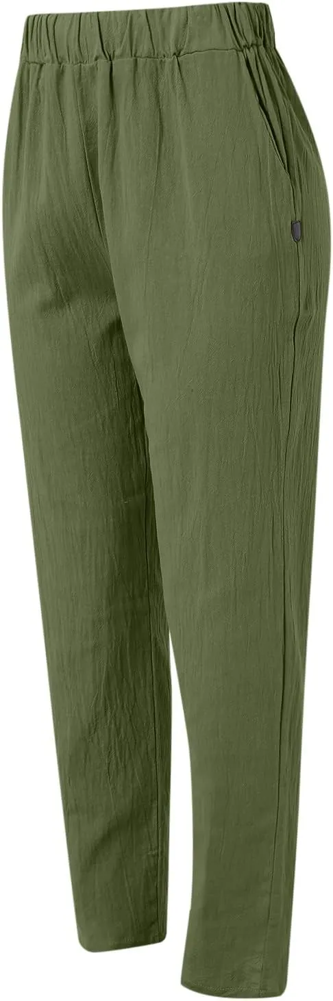 Linen Pants Women High Waist Loose Summer Beach Pants Casual Lightweight Drawstring Lounge Trousers with Pockets