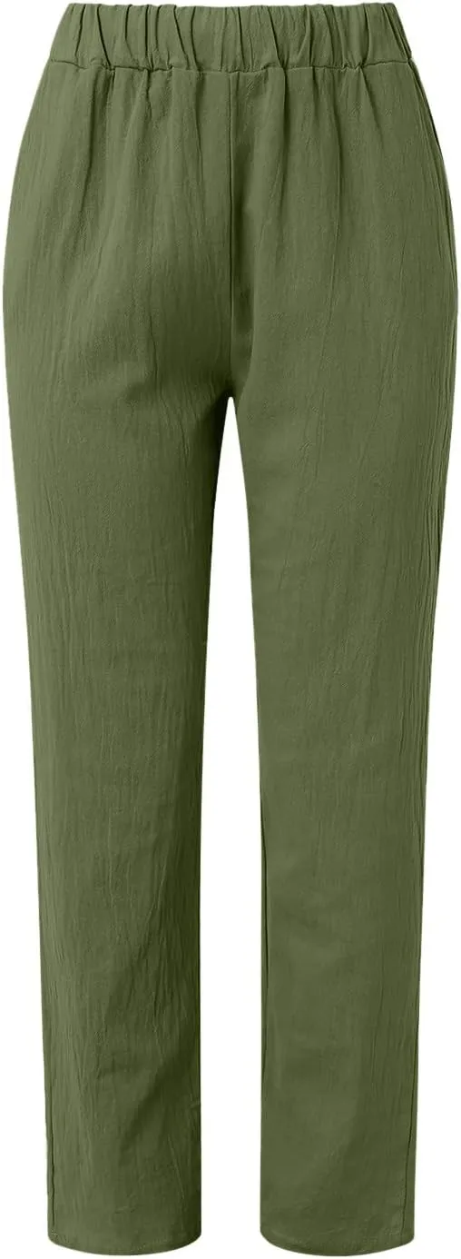 Linen Pants Women High Waist Loose Summer Beach Pants Casual Lightweight Drawstring Lounge Trousers with Pockets