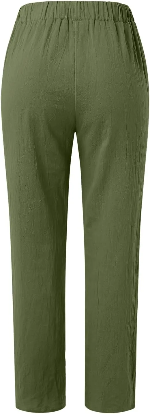 Linen Pants Women High Waist Loose Summer Beach Pants Casual Lightweight Drawstring Lounge Trousers with Pockets
