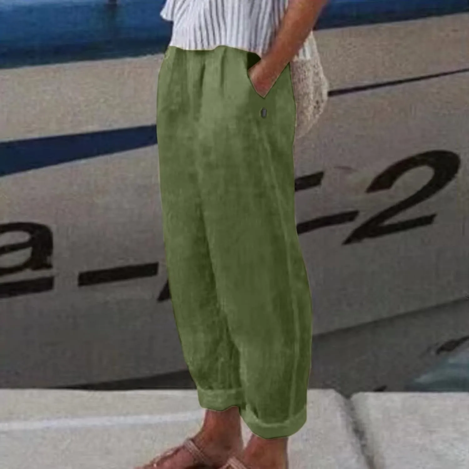 Linen Pants Women High Waist Loose Summer Beach Pants Casual Lightweight Drawstring Lounge Trousers with Pockets