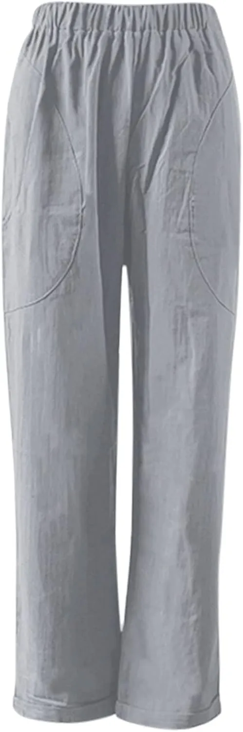 Linen Pants Women Summer Capri Pants with Pockets Wide Leg Ankle Cropped Pants for Women Women High Waisted Wide Leg