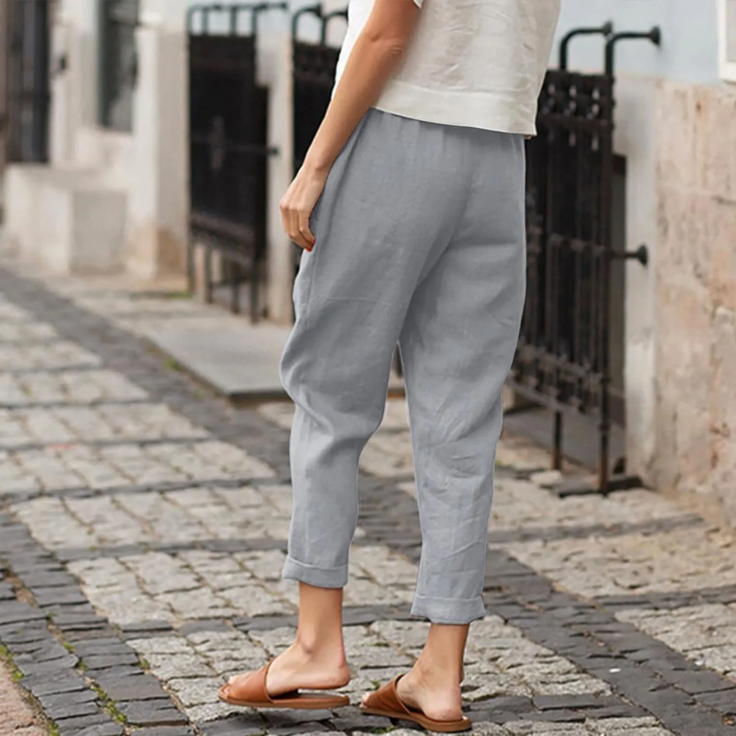 Linen Pants Women Summer Capri Pants with Pockets Wide Leg Ankle Cropped Pants for Women Women High Waisted Wide Leg