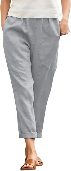 Linen Pants Women Summer Capri Pants with Pockets Wide Leg Ankle Cropped Pants for Women Women High Waisted Wide Leg