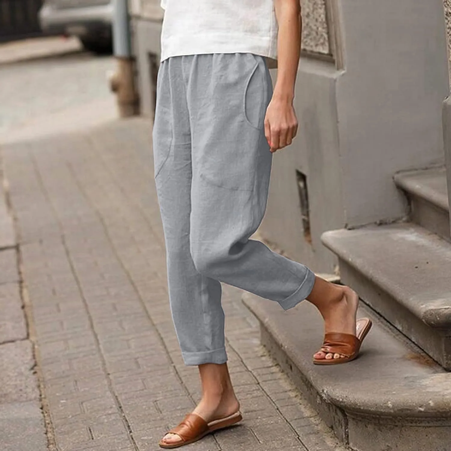 Linen Pants Women Summer Capri Pants with Pockets Wide Leg Ankle Cropped Pants for Women Women High Waisted Wide Leg