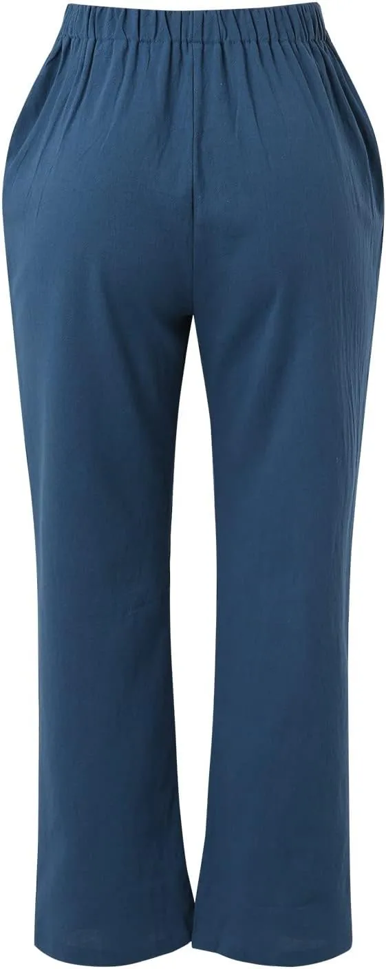 Linen Pants Women Summer Capris Casual High Waisted Drawstring Carpi Pants Loose Comfy Cropped Trousers Linen Pants