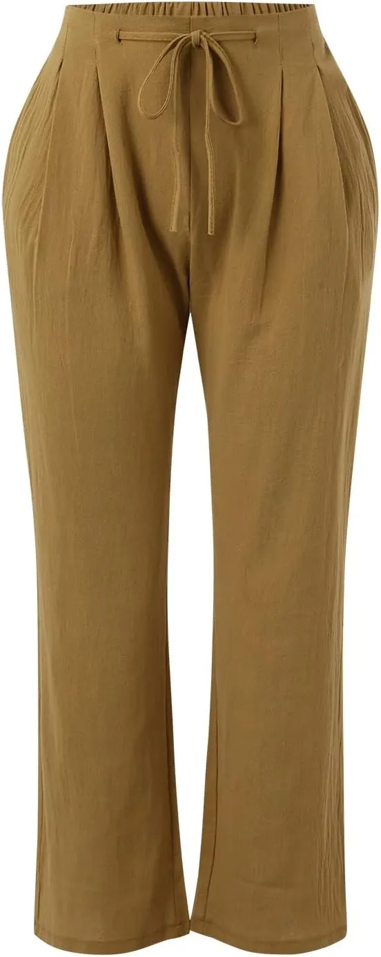 Linen Pants Women Summer Capris Casual High Waisted Drawstring Carpi Pants Loose Comfy Cropped Trousers Linen Pants