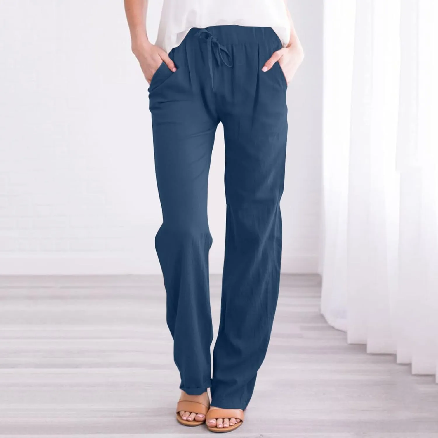 Linen Pants Women Summer Capris Casual High Waisted Drawstring Carpi Pants Loose Comfy Cropped Trousers Linen Pants