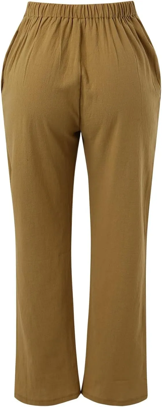 Linen Pants Women Summer Capris Casual High Waisted Drawstring Carpi Pants Loose Comfy Cropped Trousers Linen Pants