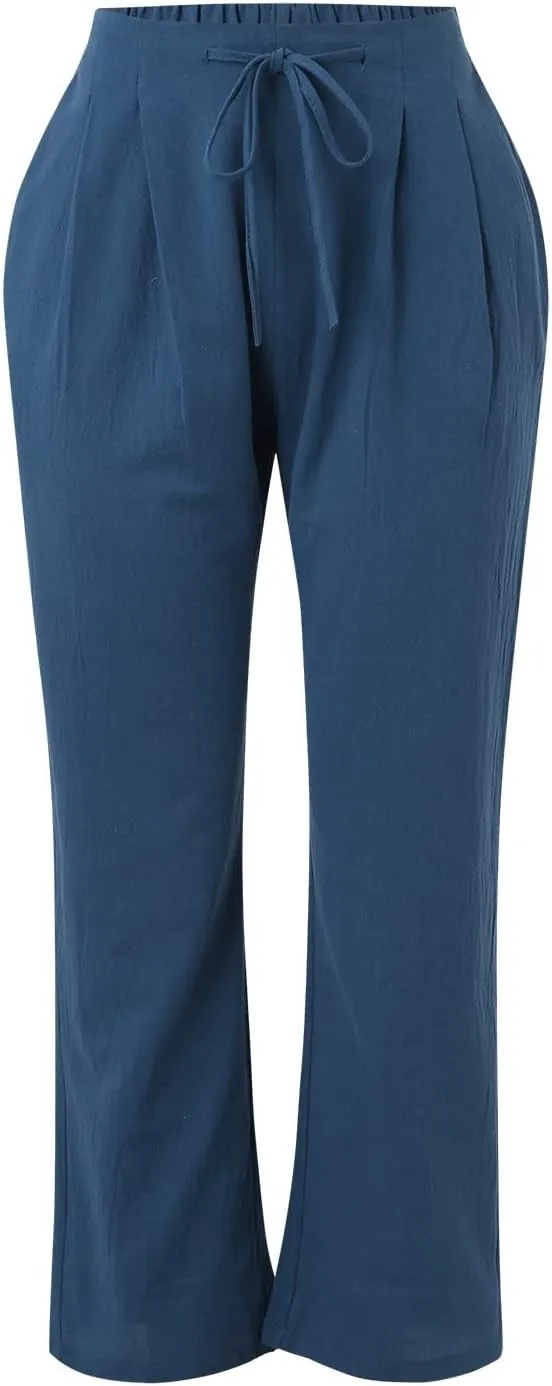 Linen Pants Women Summer Capris Casual High Waisted Drawstring Carpi Pants Loose Comfy Cropped Trousers Linen Pants