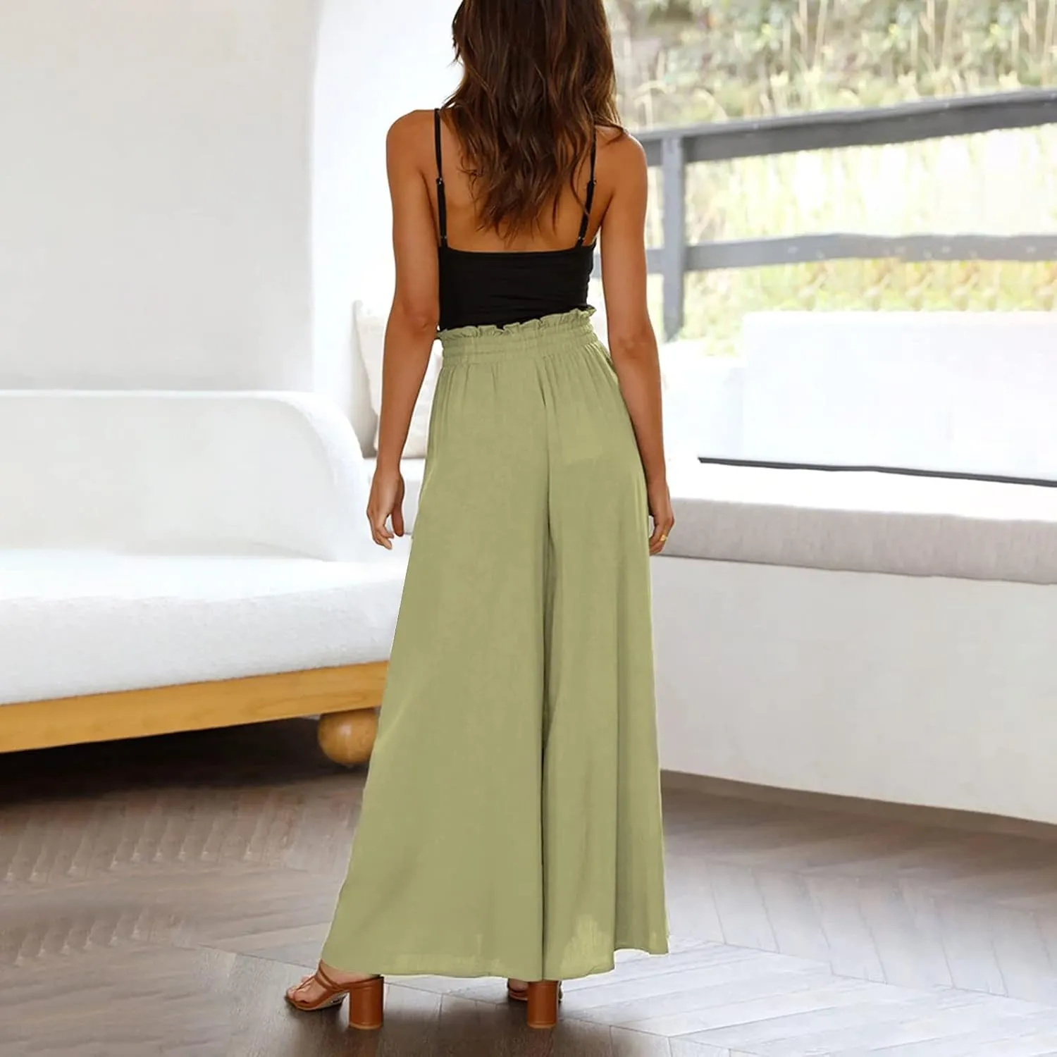 Linen Pants Women Summer Cotton Linen Casual Trousers with Pockets Capris for Women Loose Knit-Waist Cargo Capri Pant