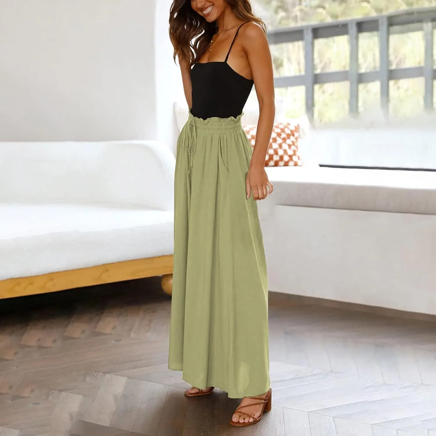 Linen Pants Women Summer Cotton Linen Casual Trousers with Pockets Capris for Women Loose Knit-Waist Cargo Capri Pant