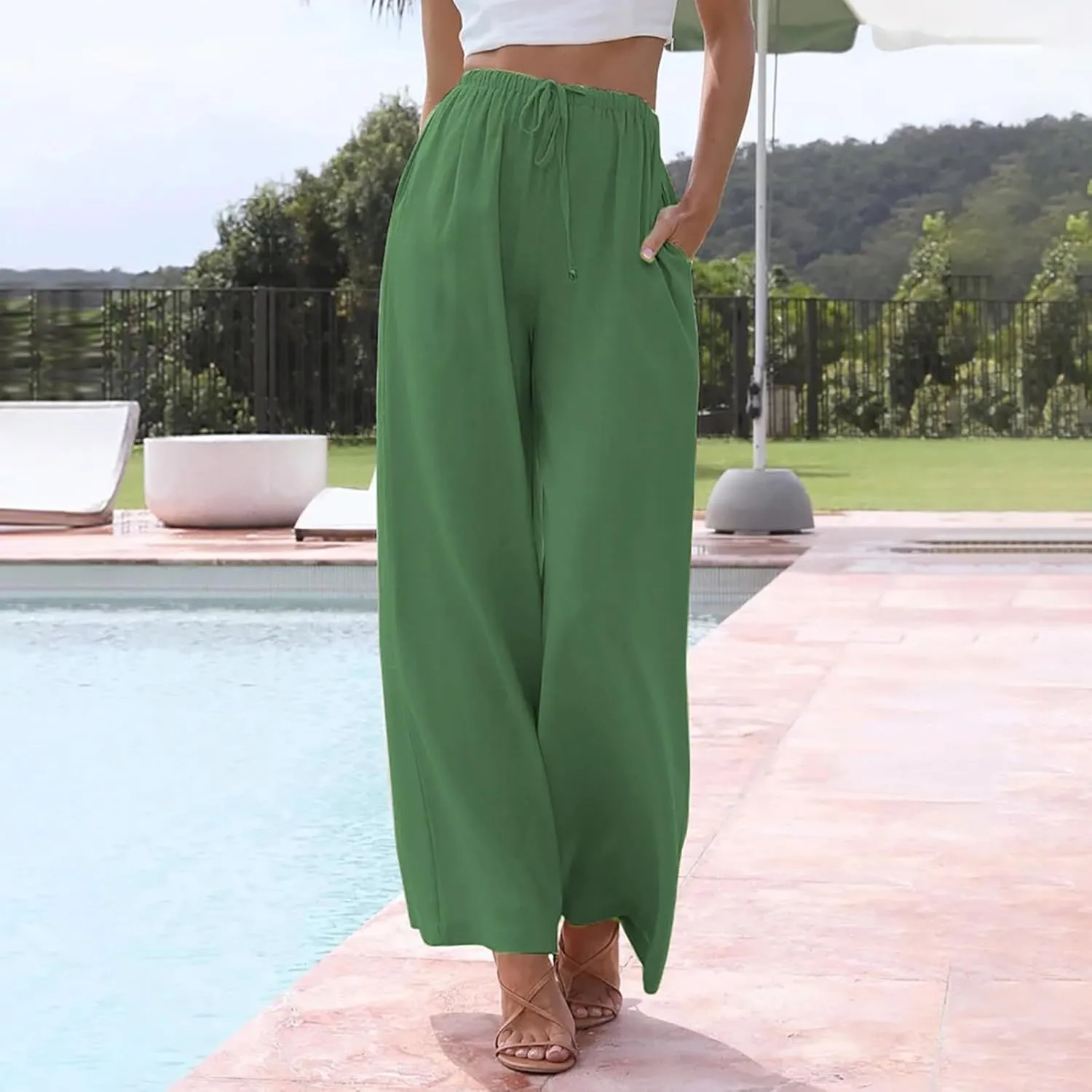 Linen Pants Women Summer Stitching String Solid Color Pants High Waisted Pants for Women Joggers Solid Lace-up Waist