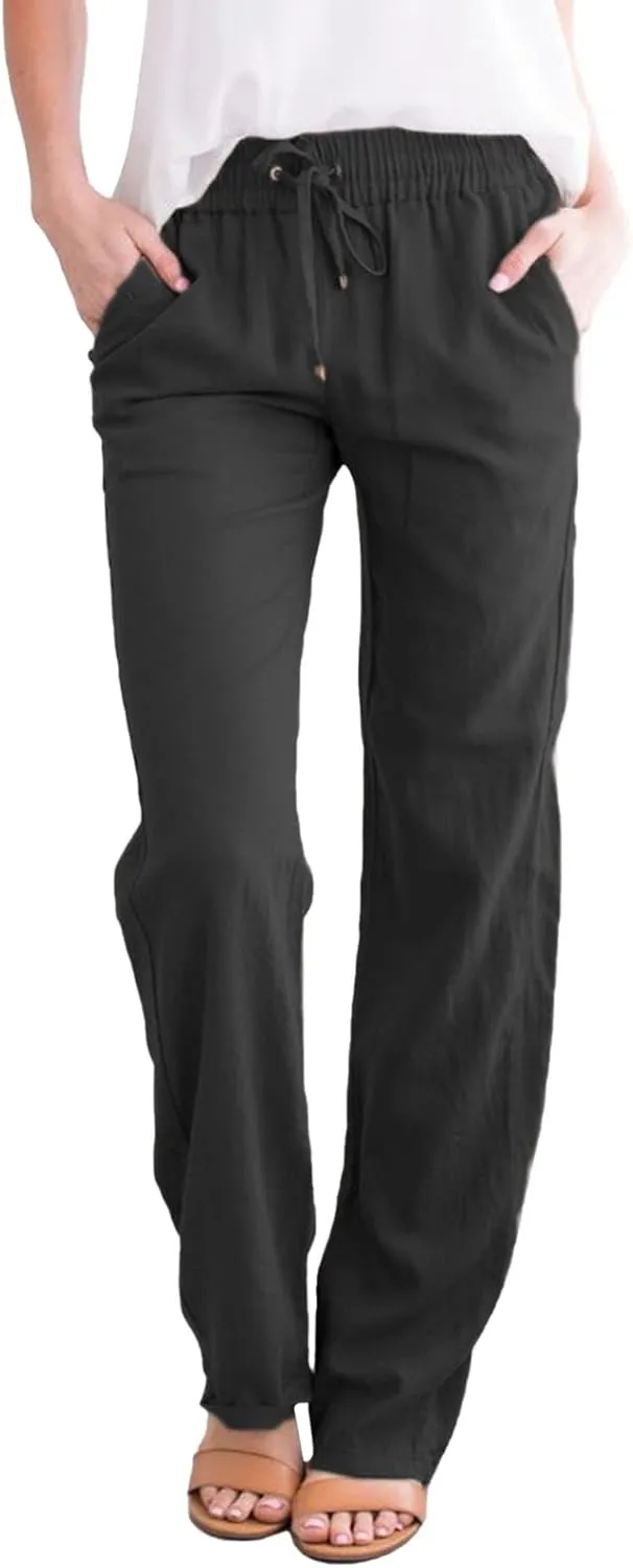 Linen Pants Women Summer Trousers Beach Pants Cotton Linen Pants for Women Wide Leg High Waist Lightweight Drawstring