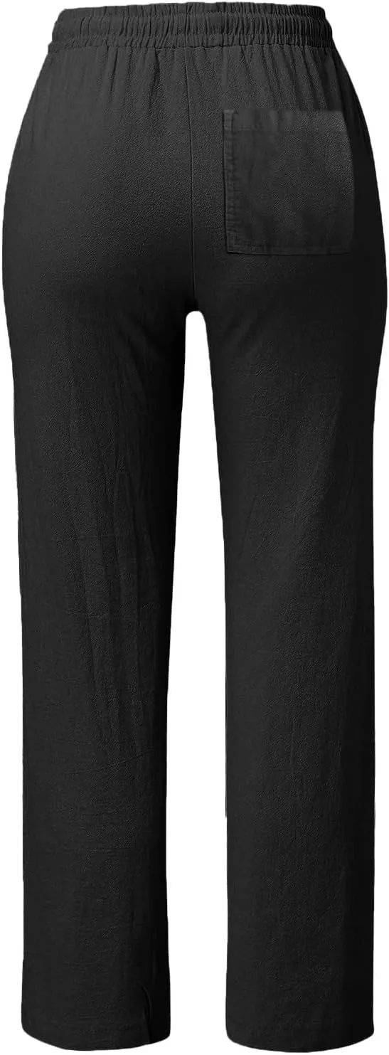 Linen Pants Women Summer Trousers Beach Pants Cotton Linen Pants for Women Wide Leg High Waist Lightweight Drawstring