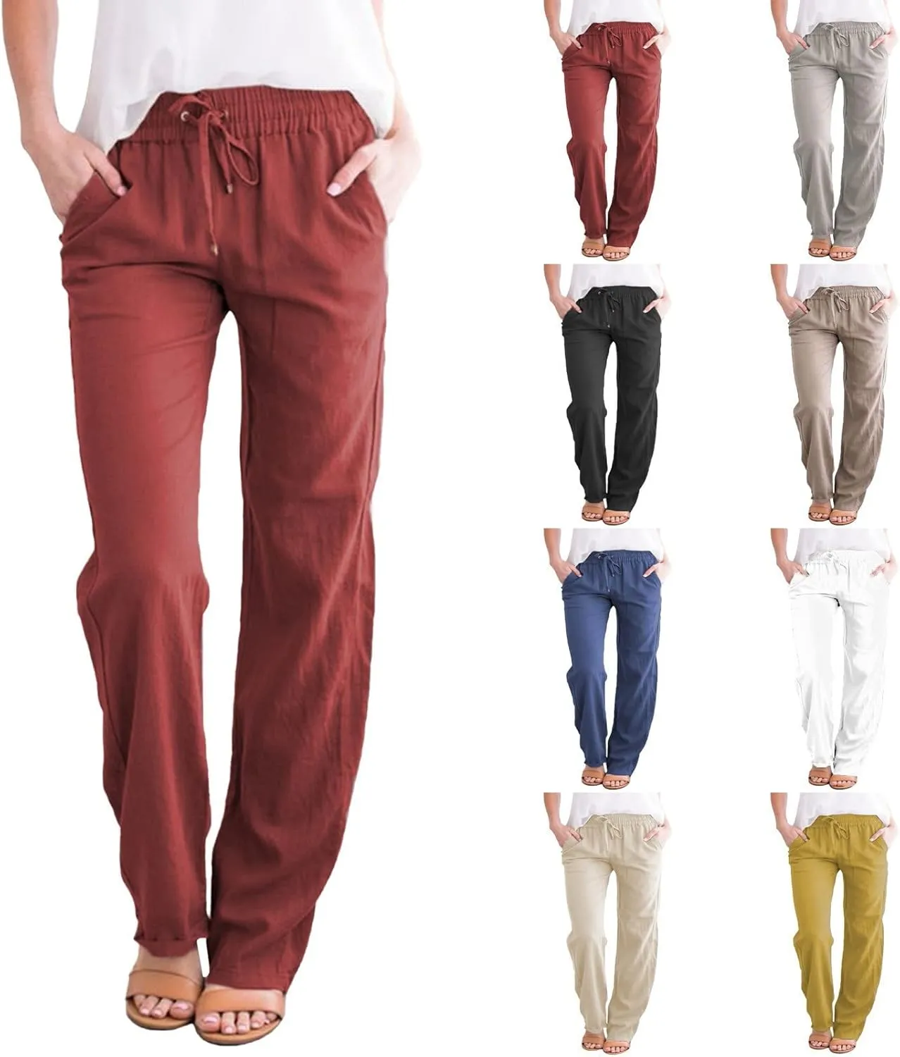 Linen Pants Women Summer Trousers Beach Pants Cotton Linen Pants for Women Wide Leg High Waist Lightweight Drawstring