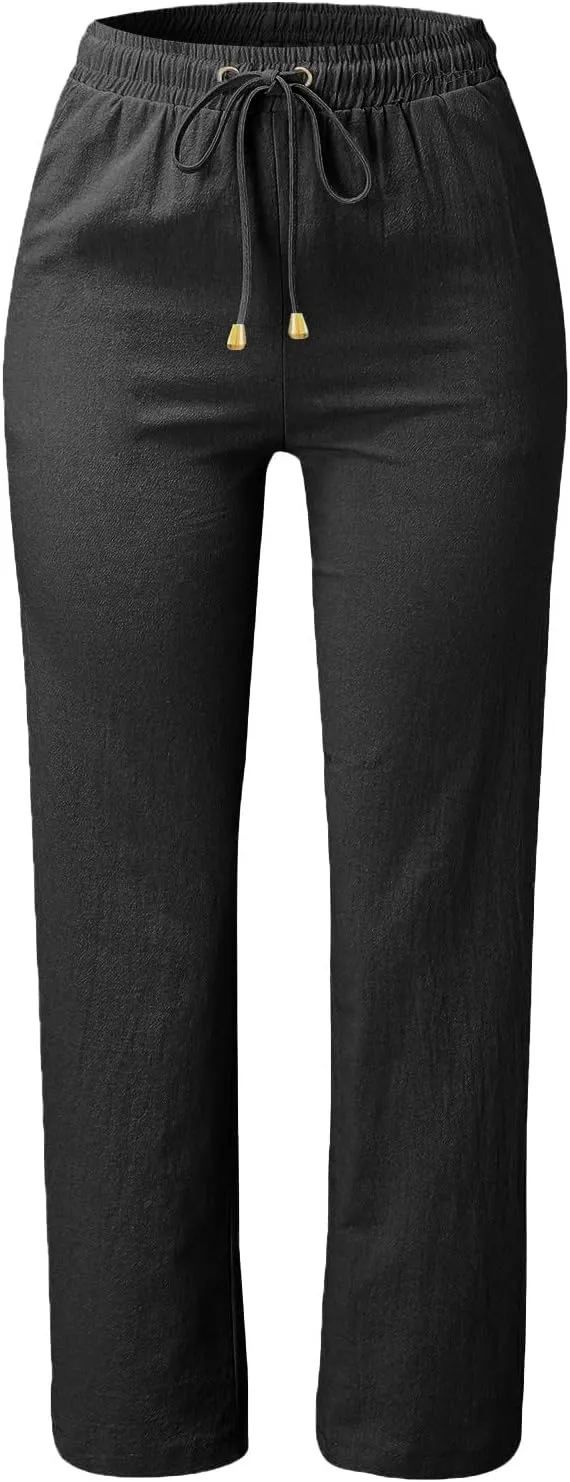Linen Pants Women Summer Trousers Beach Pants Cotton Linen Pants for Women Wide Leg High Waist Lightweight Drawstring