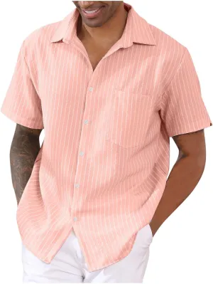 Linen Shirt for Men Summer Vacation Beach Short Sleeve Striped Button Down Casual Hawaiian Shirt