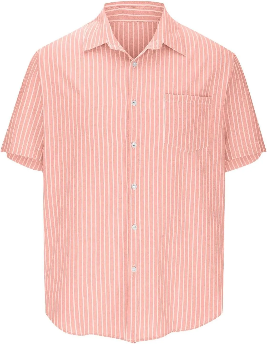 Linen Shirt for Men Summer Vacation Beach Short Sleeve Striped Button Down Casual Hawaiian Shirt