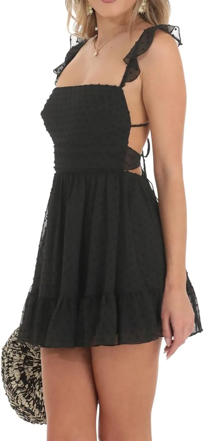 lisenraIn Ruffle Sleeve Dress for Women Y2K Flowy Mini Dress Beach Party Summer Sexy Short Backless Sundress
