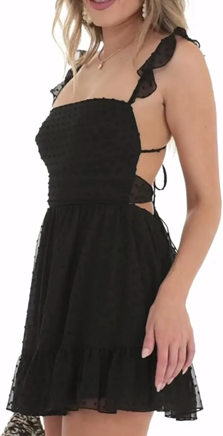 lisenraIn Ruffle Sleeve Dress for Women Y2K Flowy Mini Dress Beach Party Summer Sexy Short Backless Sundress