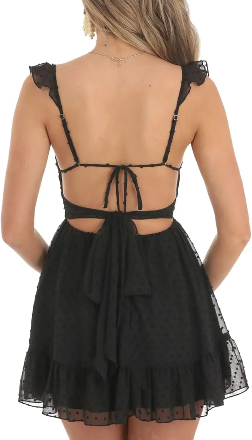 lisenraIn Ruffle Sleeve Dress for Women Y2K Flowy Mini Dress Beach Party Summer Sexy Short Backless Sundress