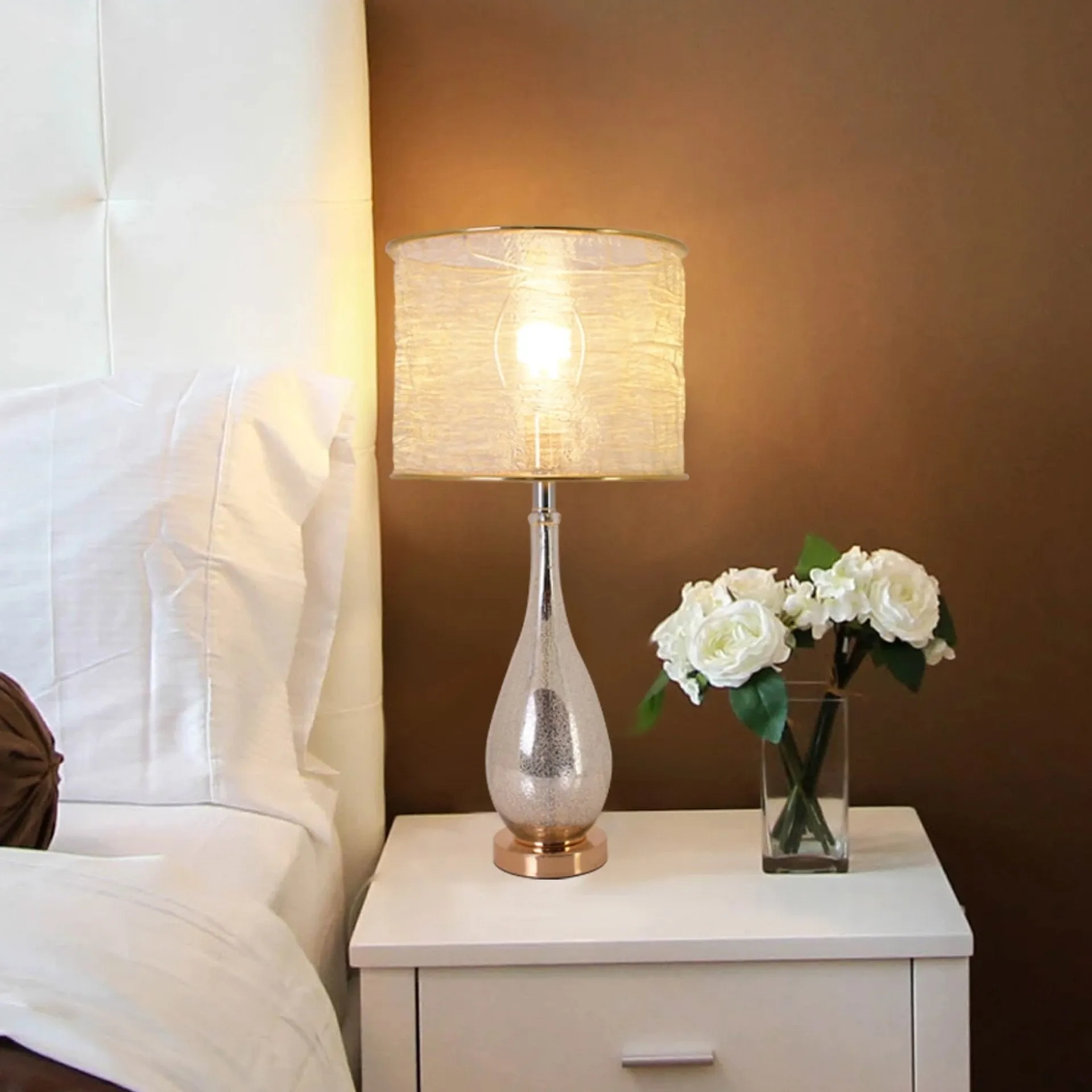 Lola Little Mercury Droplet Glass Table Lamp 28" - Gold Mercury/Golden Yarn Shade (Set of 2)