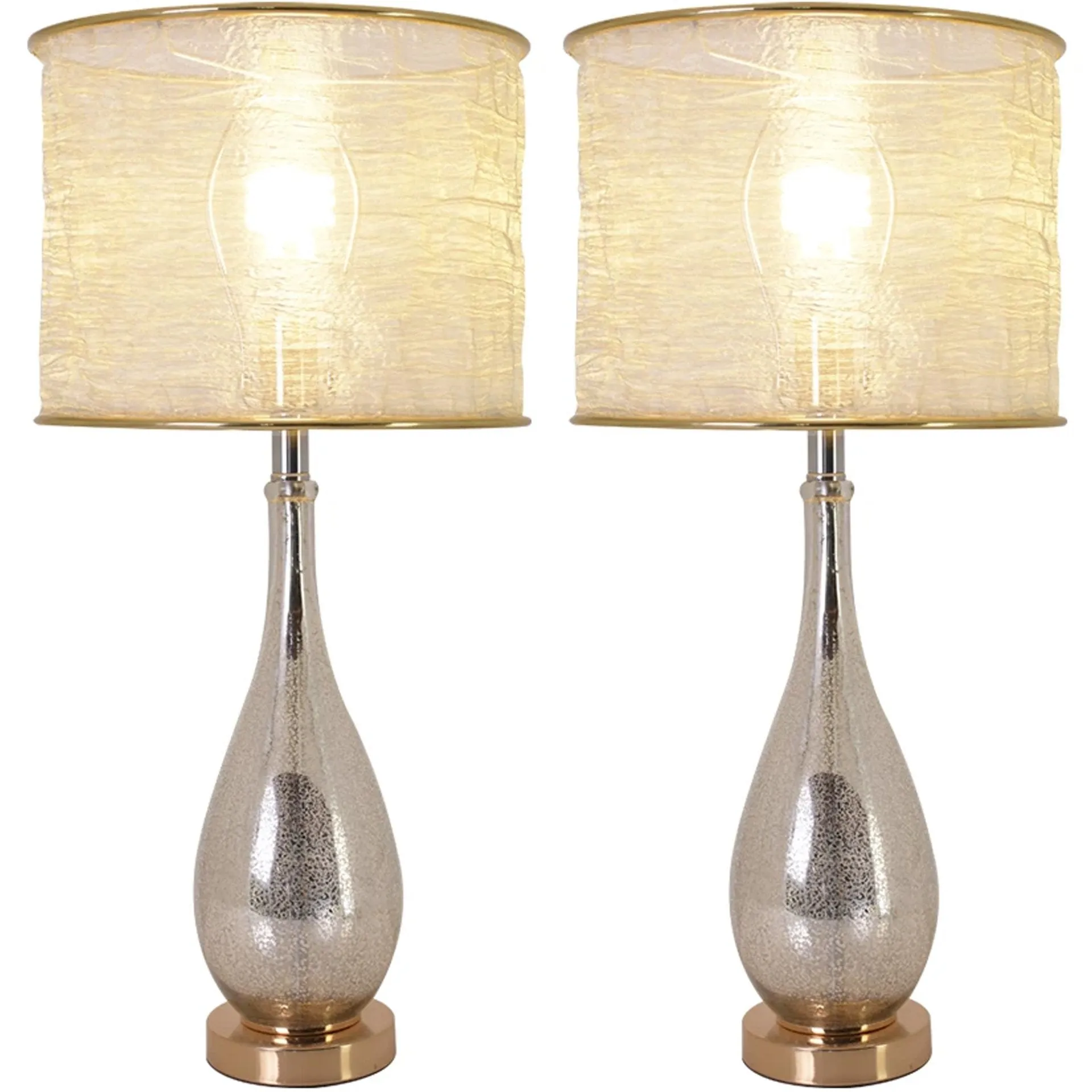 Lola Little Mercury Droplet Glass Table Lamp 28" - Gold Mercury/Golden Yarn Shade (Set of 2)