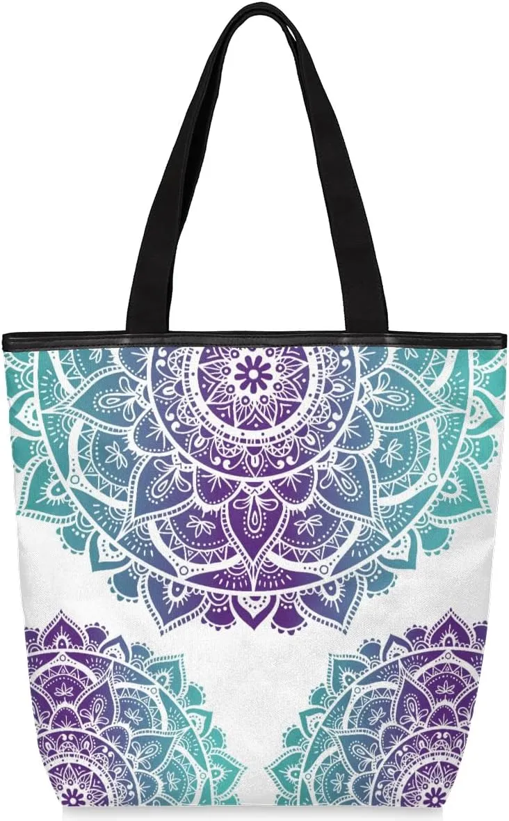 Mandala Purple Canvas Tote Bag with Zipper and Pockets Canvas Tote Shopping Bag Women Reusable Grocery Bag for Beach Travel Gym Shopping