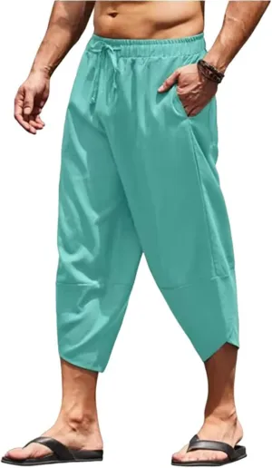Men's Capri Pants Lightweight Casual Linen Pants Drawstring Elastic Waist with Pockets for Beach Yoga Casual Wear