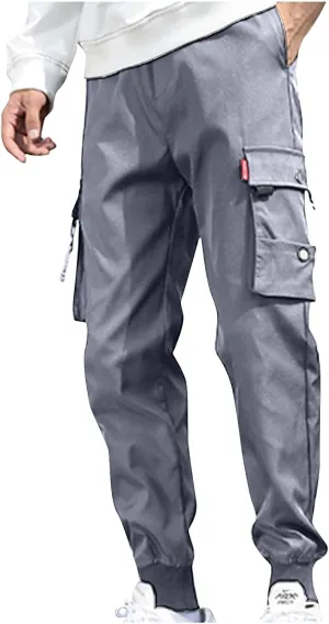Men's Cargo Pants Casual Joggers Elastic Waist Drawstring Tapered Pants Loose Fit Outdoor Trousers with Multi Pockets