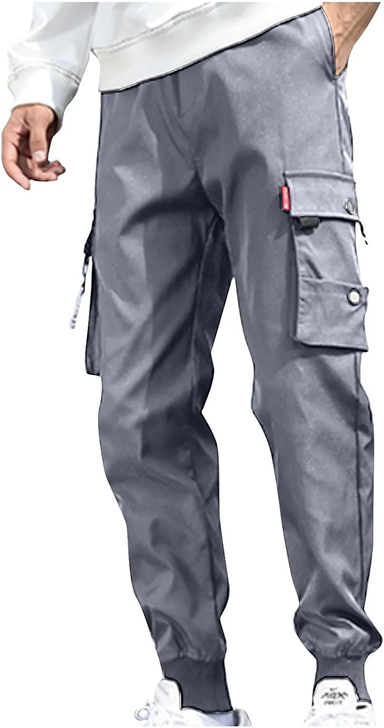Men's Cargo Pants Casual Joggers Elastic Waist Drawstring Tapered Pants Loose Fit Outdoor Trousers with Multi Pockets