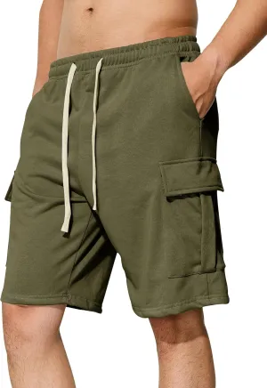 Mens Casual Cargo Shorts Cotton Elastic Waist Drawstring Sweat Shorts Gym Workout Jogger Shorts
