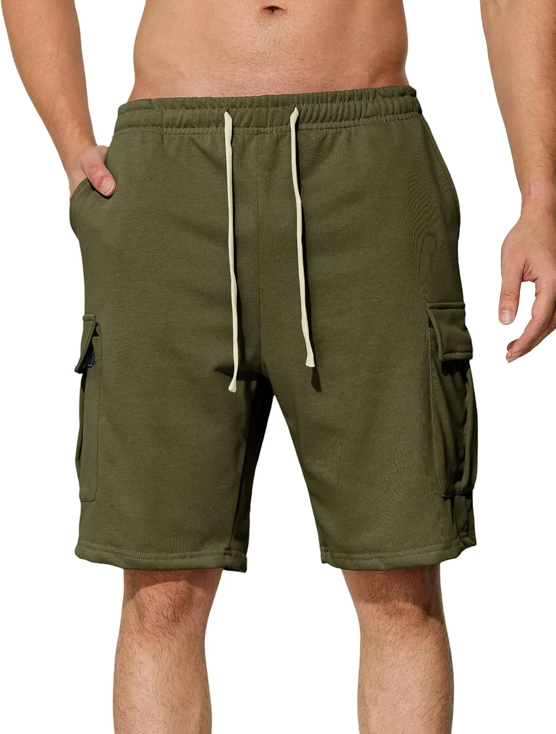 Mens Casual Cargo Shorts Cotton Elastic Waist Drawstring Sweat Shorts Gym Workout Jogger Shorts