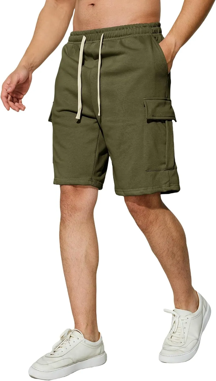 Mens Casual Cargo Shorts Cotton Elastic Waist Drawstring Sweat Shorts Gym Workout Jogger Shorts