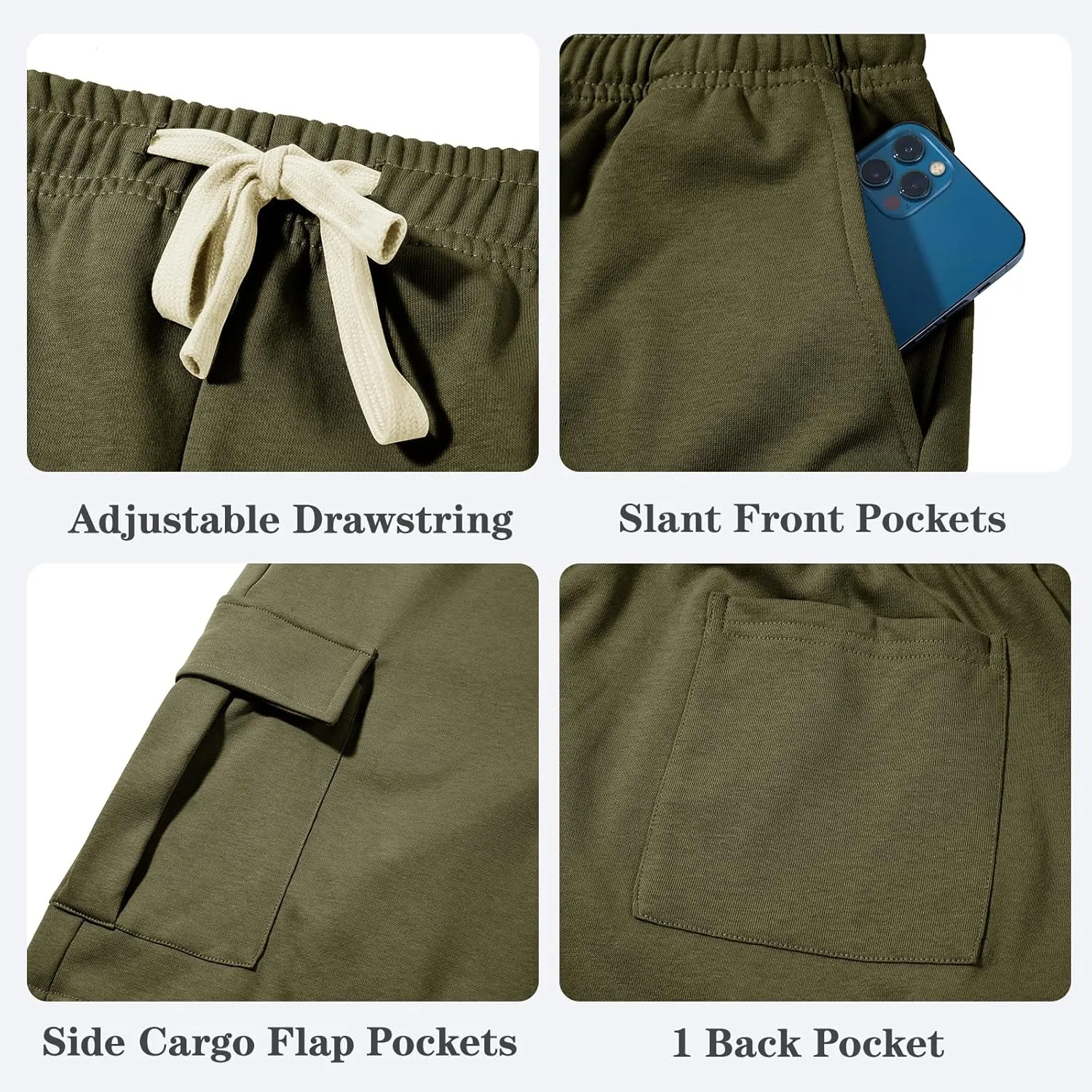 Mens Casual Cargo Shorts Cotton Elastic Waist Drawstring Sweat Shorts Gym Workout Jogger Shorts
