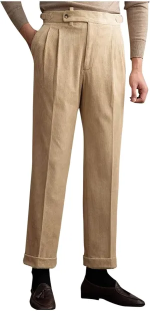 Mens Corduroy Formal Pants Vintage Pleated Front Suit Trousers Straight Leg Corduroy Trouser Business Office Dress Pant