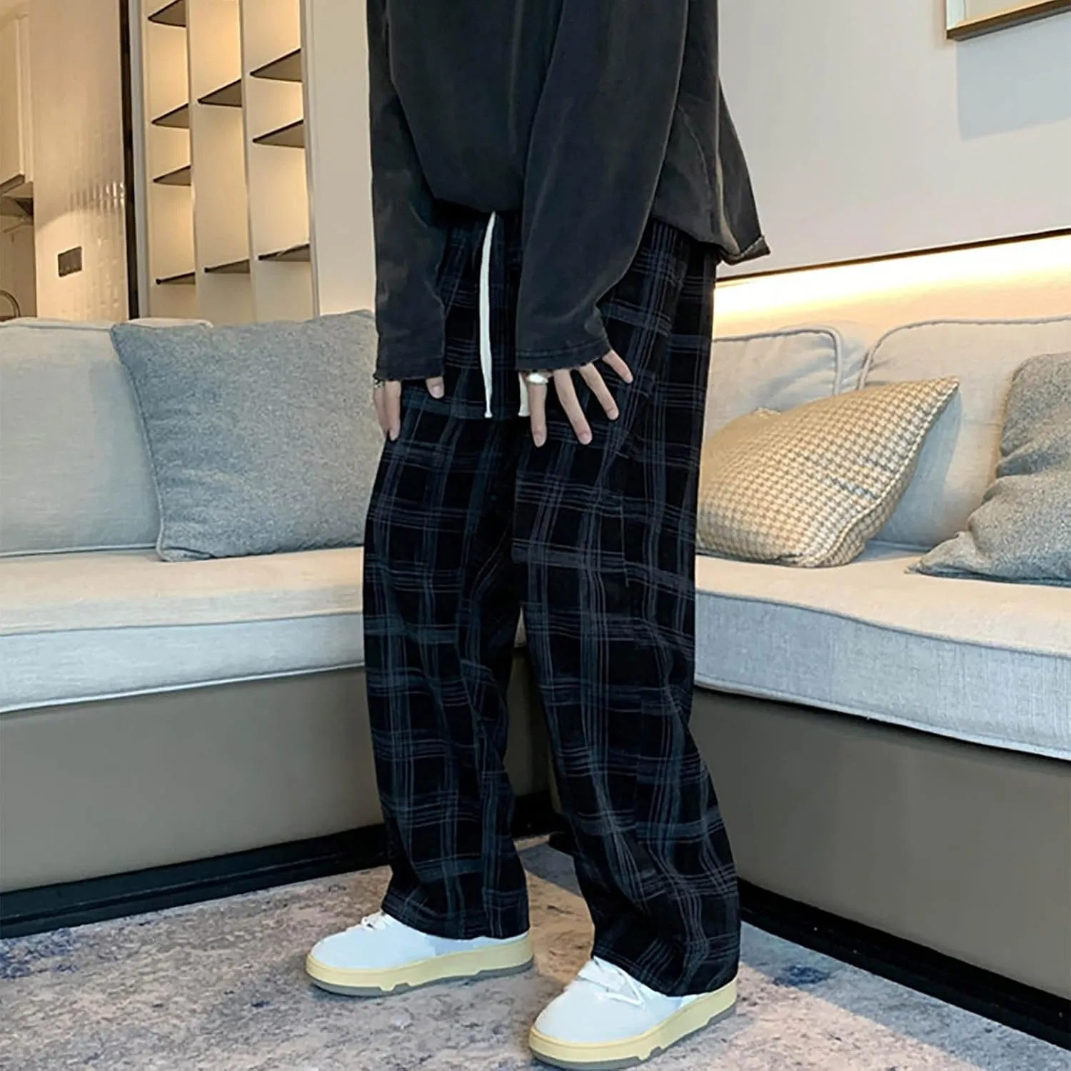 Men's Corduroy Plaid Pants Baggy Sweatpants Loose Straight Wide Leg Athletic Running Pants with Pockets