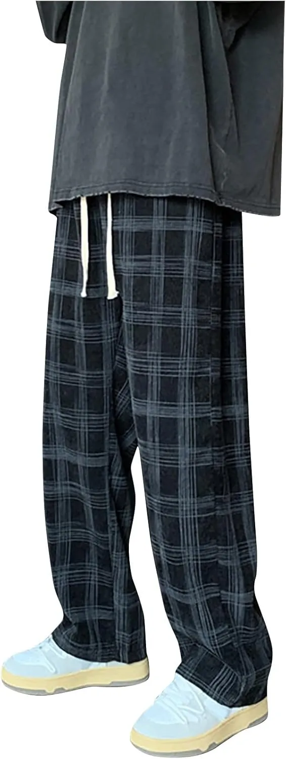 Men's Corduroy Plaid Pants Baggy Sweatpants Loose Straight Wide Leg Athletic Running Pants with Pockets