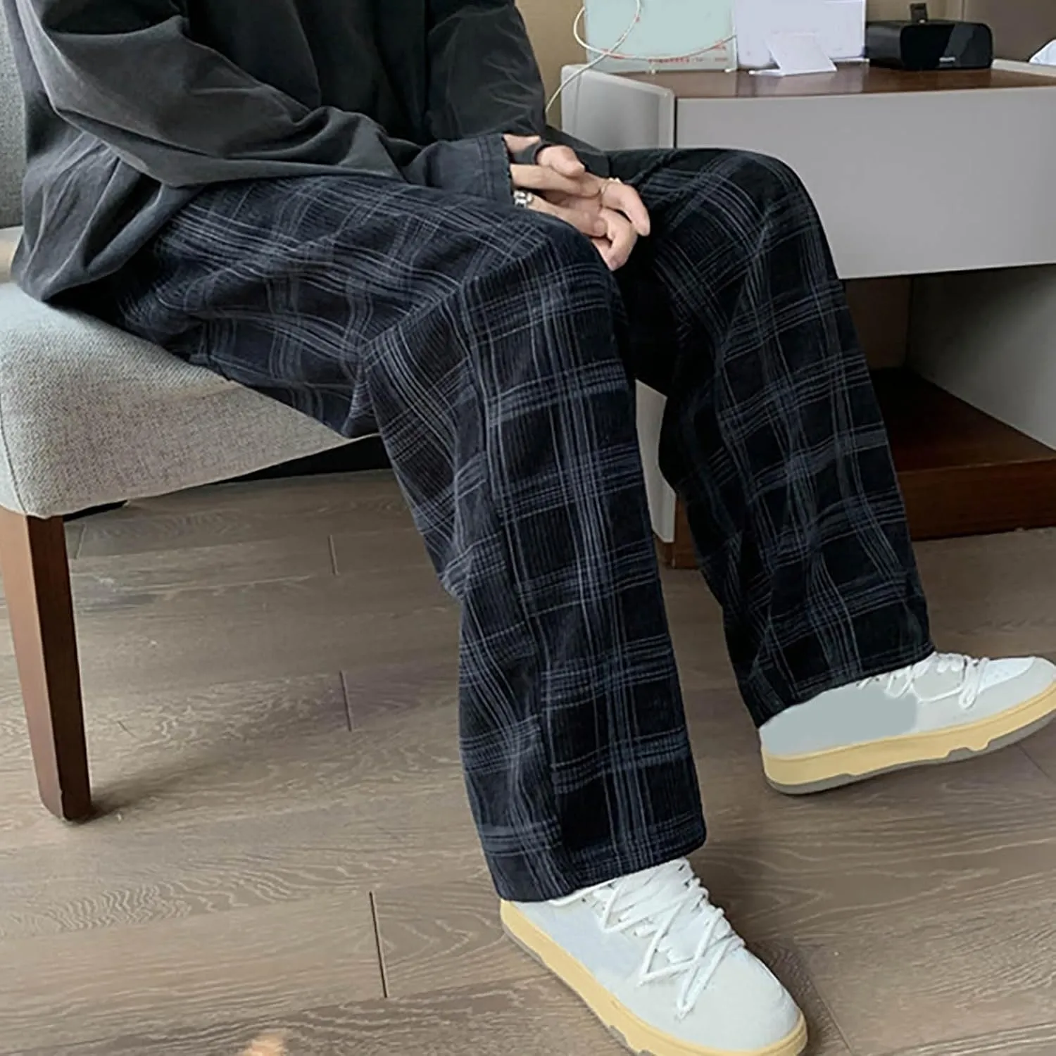 Men's Corduroy Plaid Pants Baggy Sweatpants Loose Straight Wide Leg Athletic Running Pants with Pockets