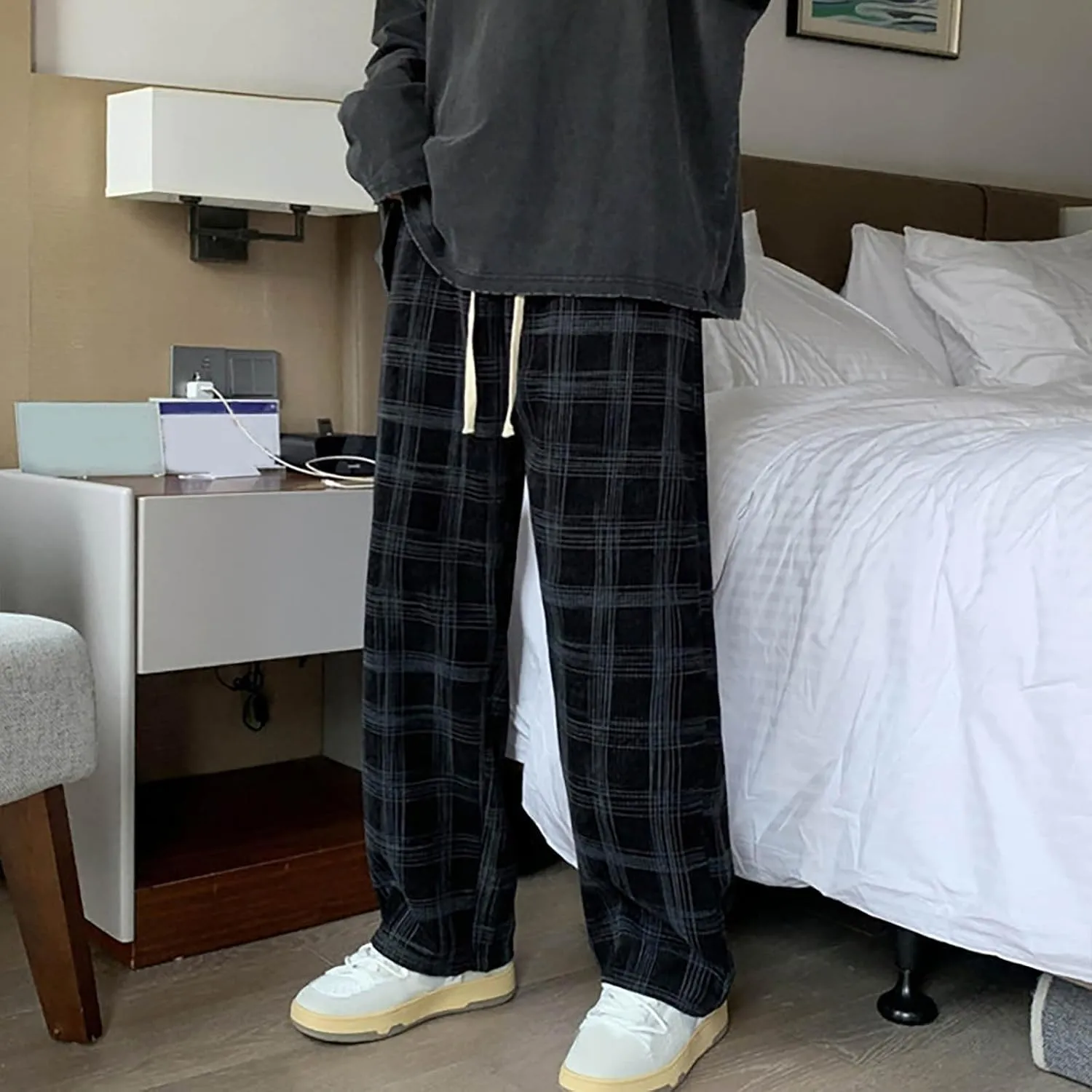 Men's Corduroy Plaid Pants Baggy Sweatpants Loose Straight Wide Leg Athletic Running Pants with Pockets