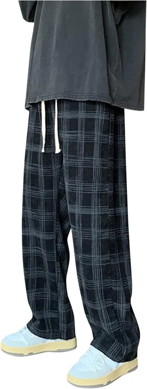 Men's Corduroy Plaid Pants Baggy Sweatpants Loose Straight Wide Leg Athletic Running Pants with Pockets