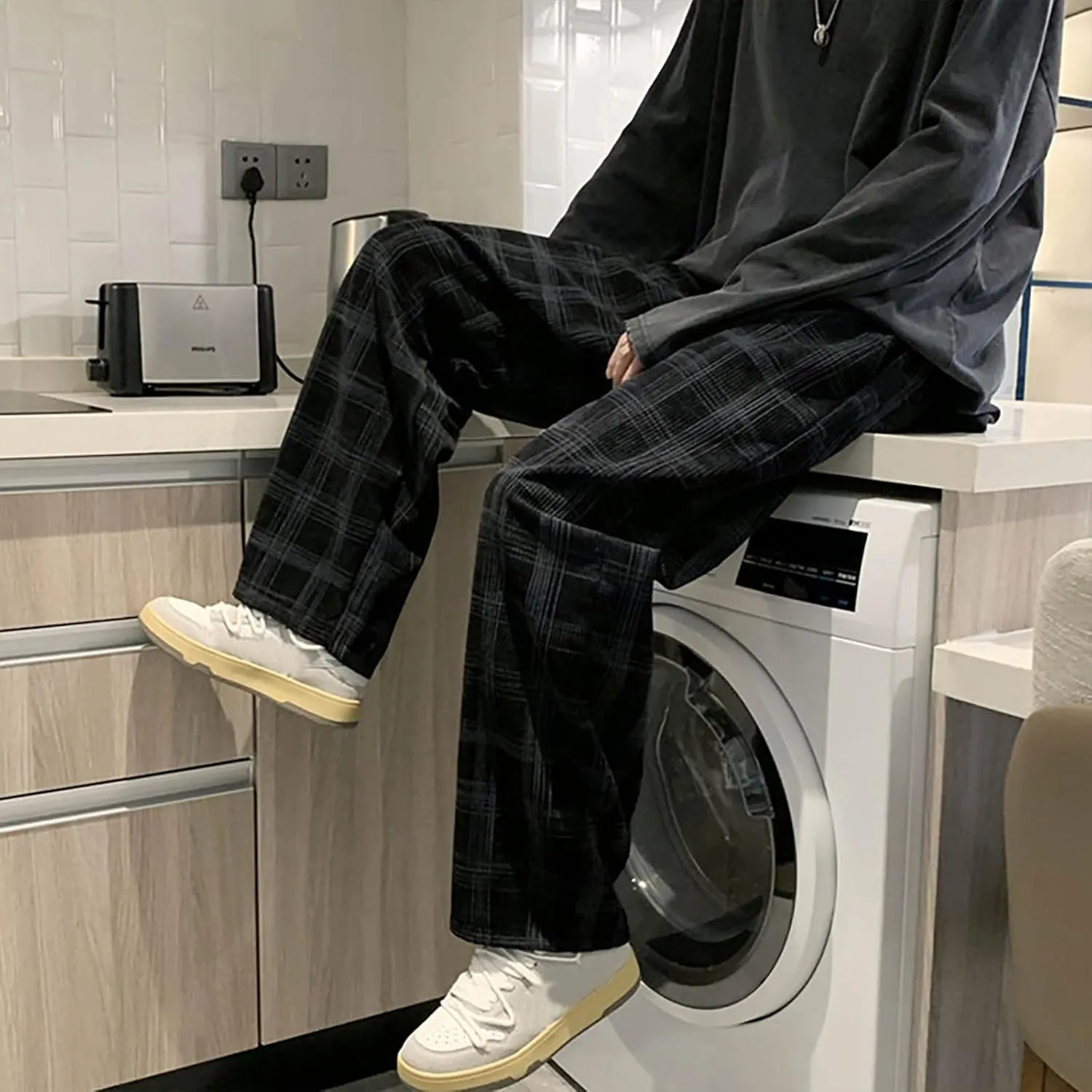 Men's Corduroy Plaid Pants Baggy Sweatpants Loose Straight Wide Leg Athletic Running Pants with Pockets