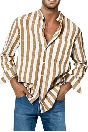 Men's Cotton Linen Shirts Casual Long Sleeve Button-Down Striped Dress Shirt Loose Fit Comfy Shirts