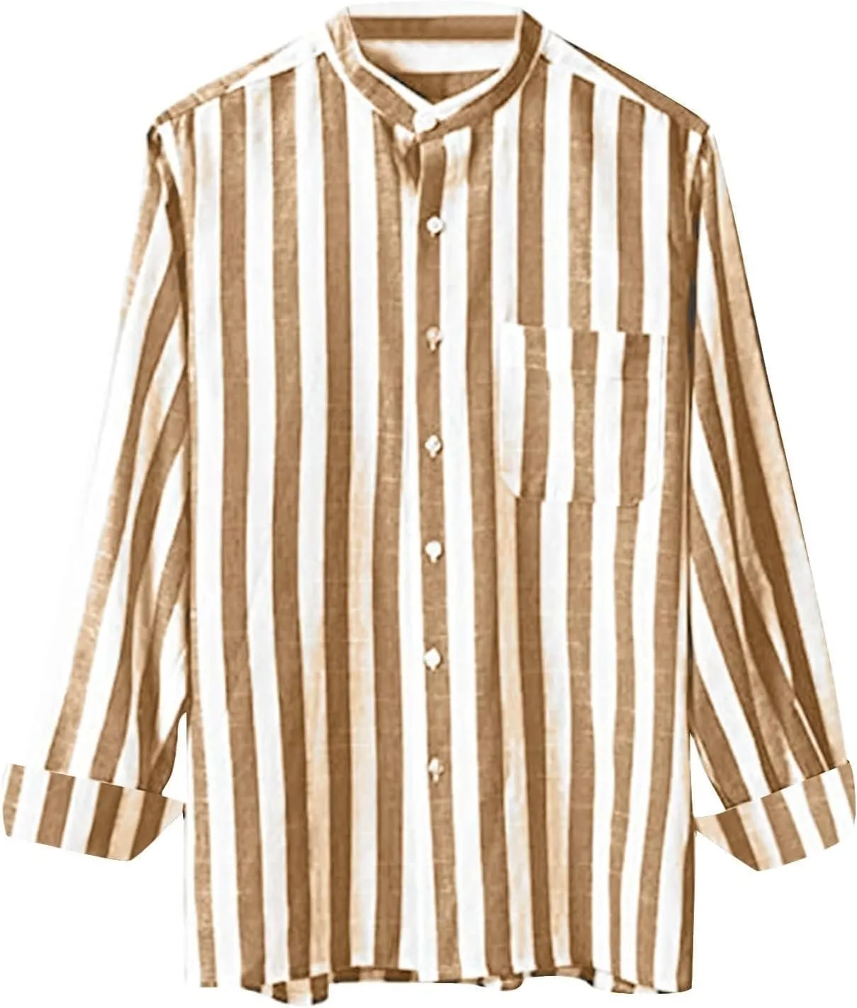 Men's Cotton Linen Shirts Casual Long Sleeve Button-Down Striped Dress Shirt Loose Fit Comfy Shirts