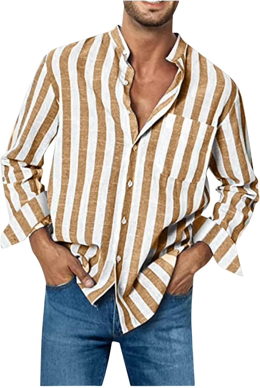 Men's Cotton Linen Shirts Casual Long Sleeve Button-Down Striped Dress Shirt Loose Fit Comfy Shirts