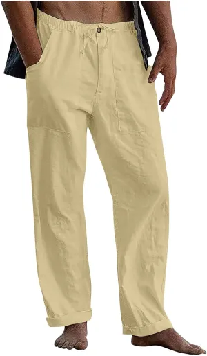 Mens Jogging Pants Men Dress Pants Loose Casual Solid Color Cotton Linen Trousers Elastic Tie Printed Straight Pants