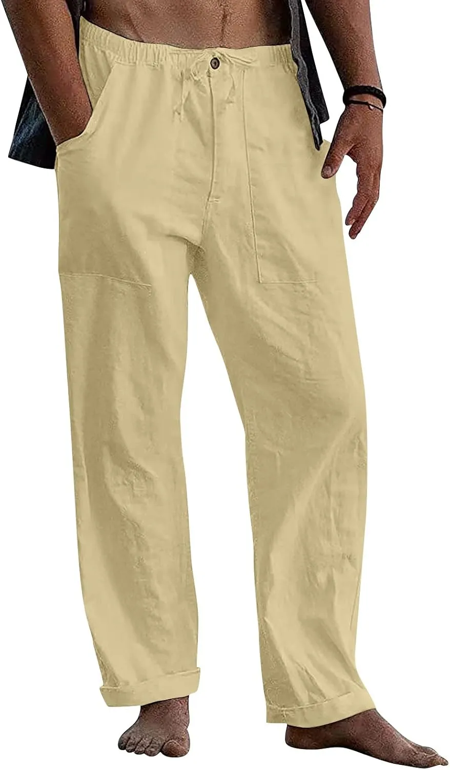 Mens Jogging Pants Men Dress Pants Loose Casual Solid Color Cotton Linen Trousers Elastic Tie Printed Straight Pants
